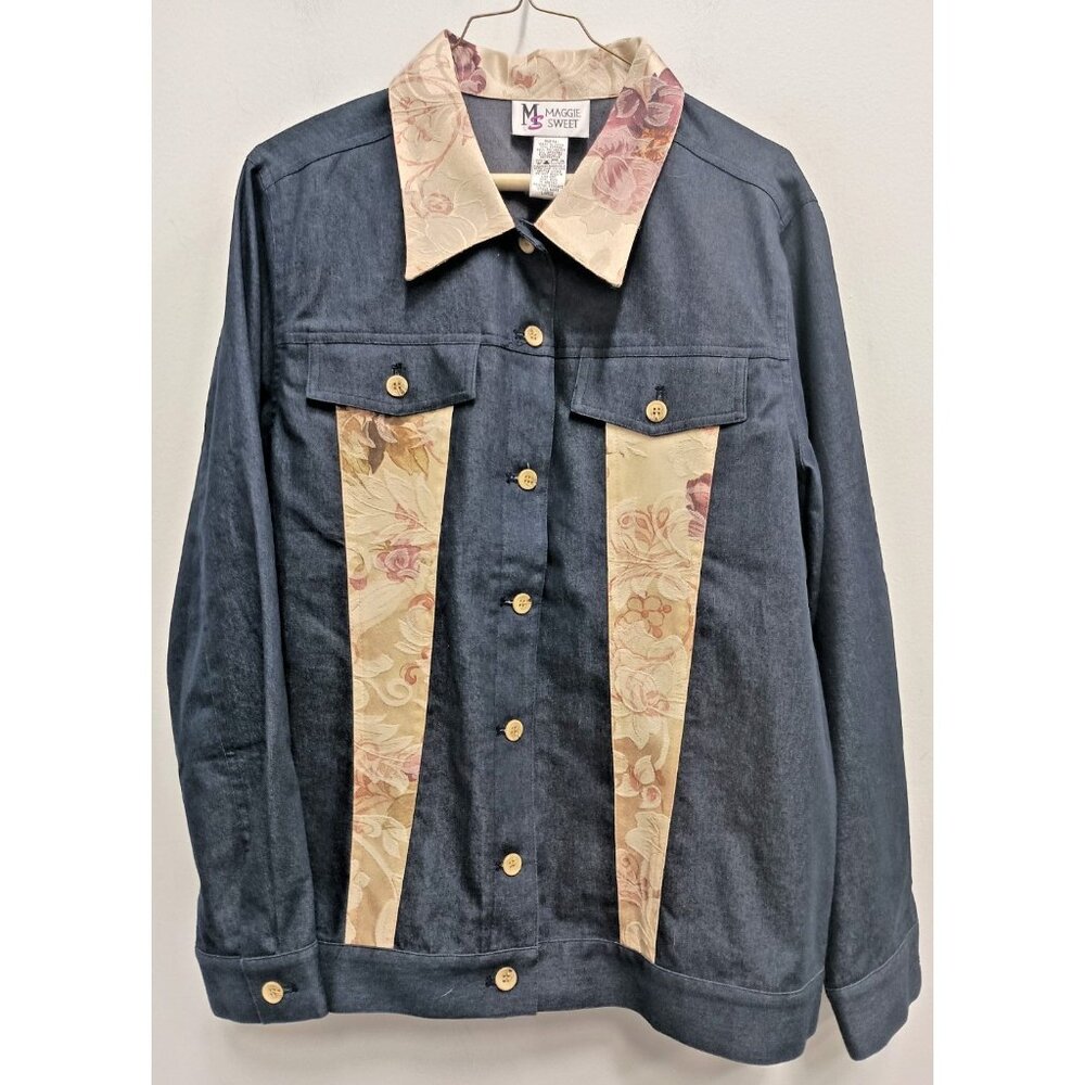 VTG Maggie Sweet Womens Denim Jacket Size Large Blue Floral Patchwork BOHO